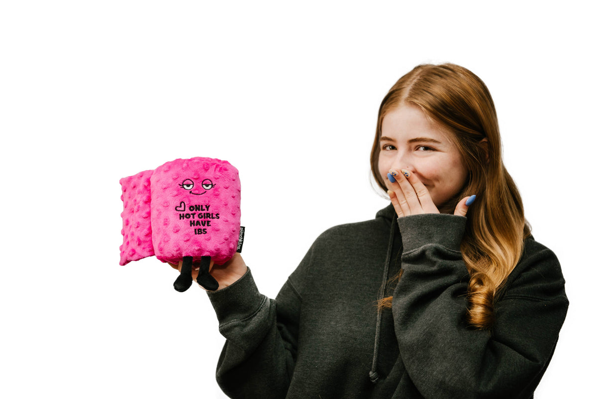 Hot pink toilet paper roll plush with embroidered text Only Hot Girls Have IBS by Punchkins, view 3