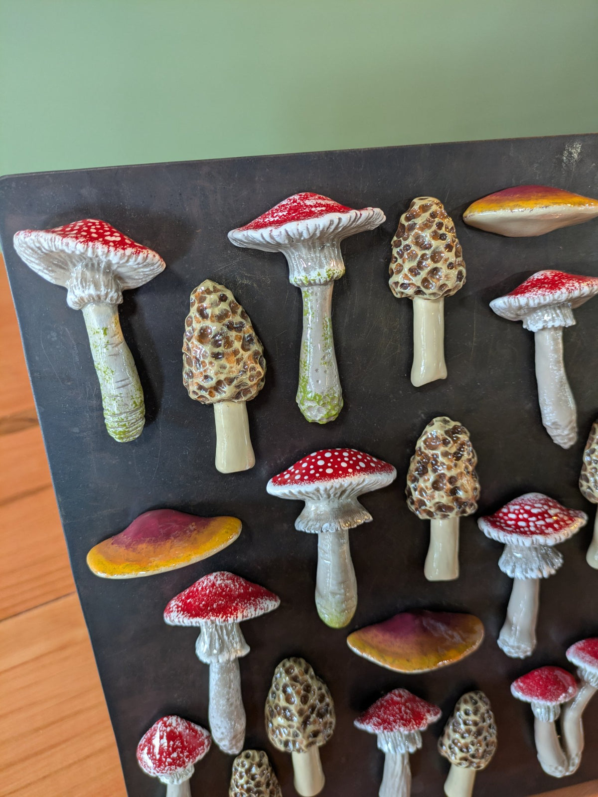 Additional photo of the polymer clay mushroom magnets made by Jaimee Crash Art