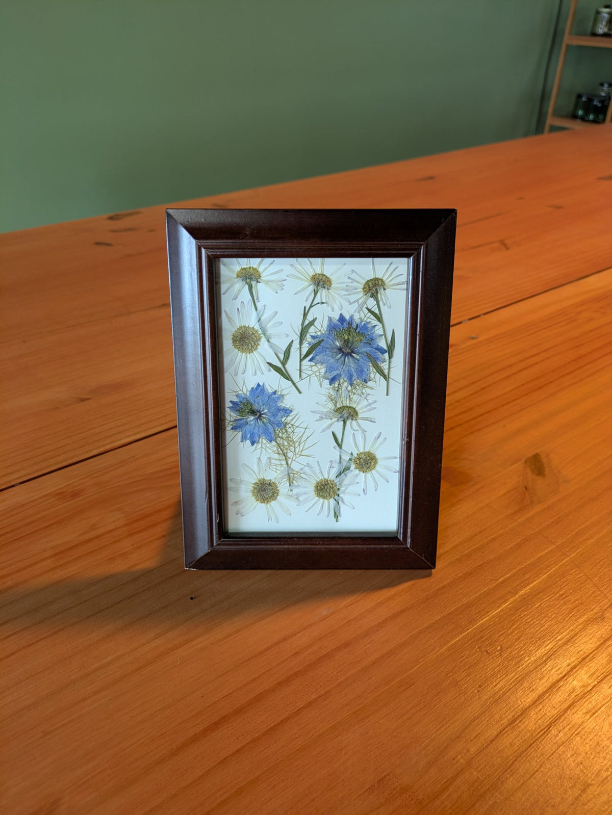 One-of-a-kind pressed flower artwork in a small thrifted wooden frame by Jaimee Crash Art