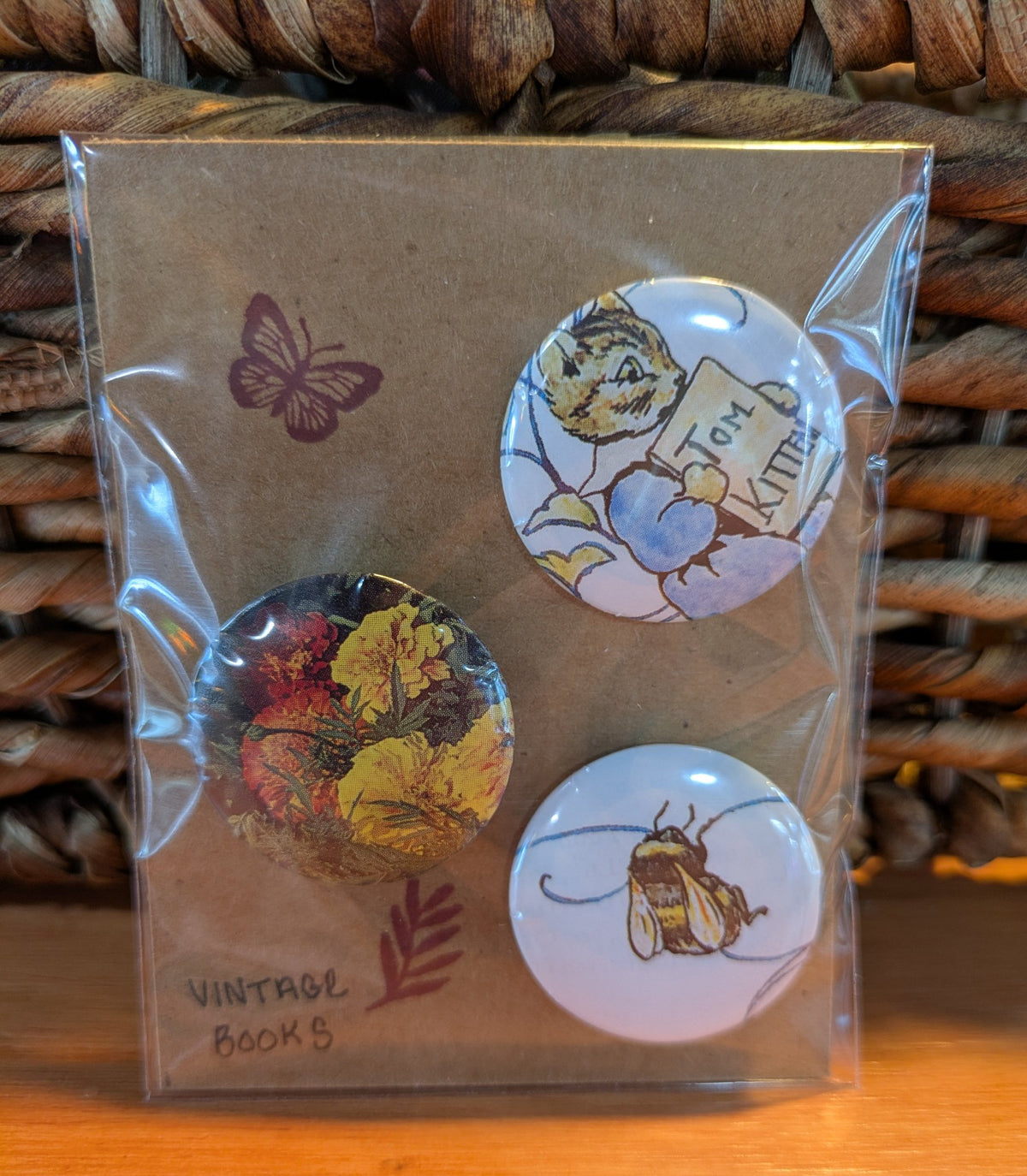 Final view of the vintage book and pressed flower pin packs from Jaimee Crash Art
