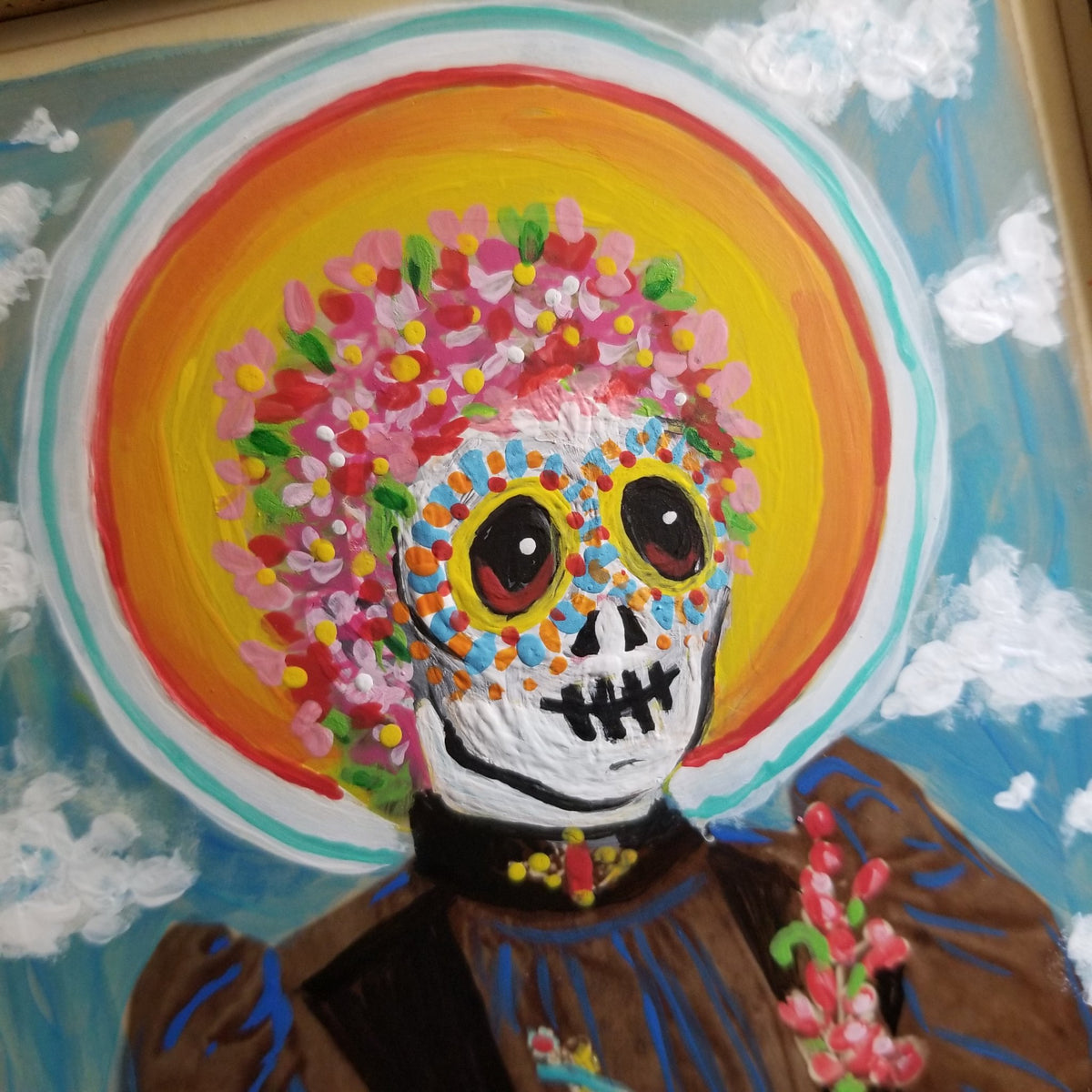 Final view of the La Catrina acrylic painting in its gold frame