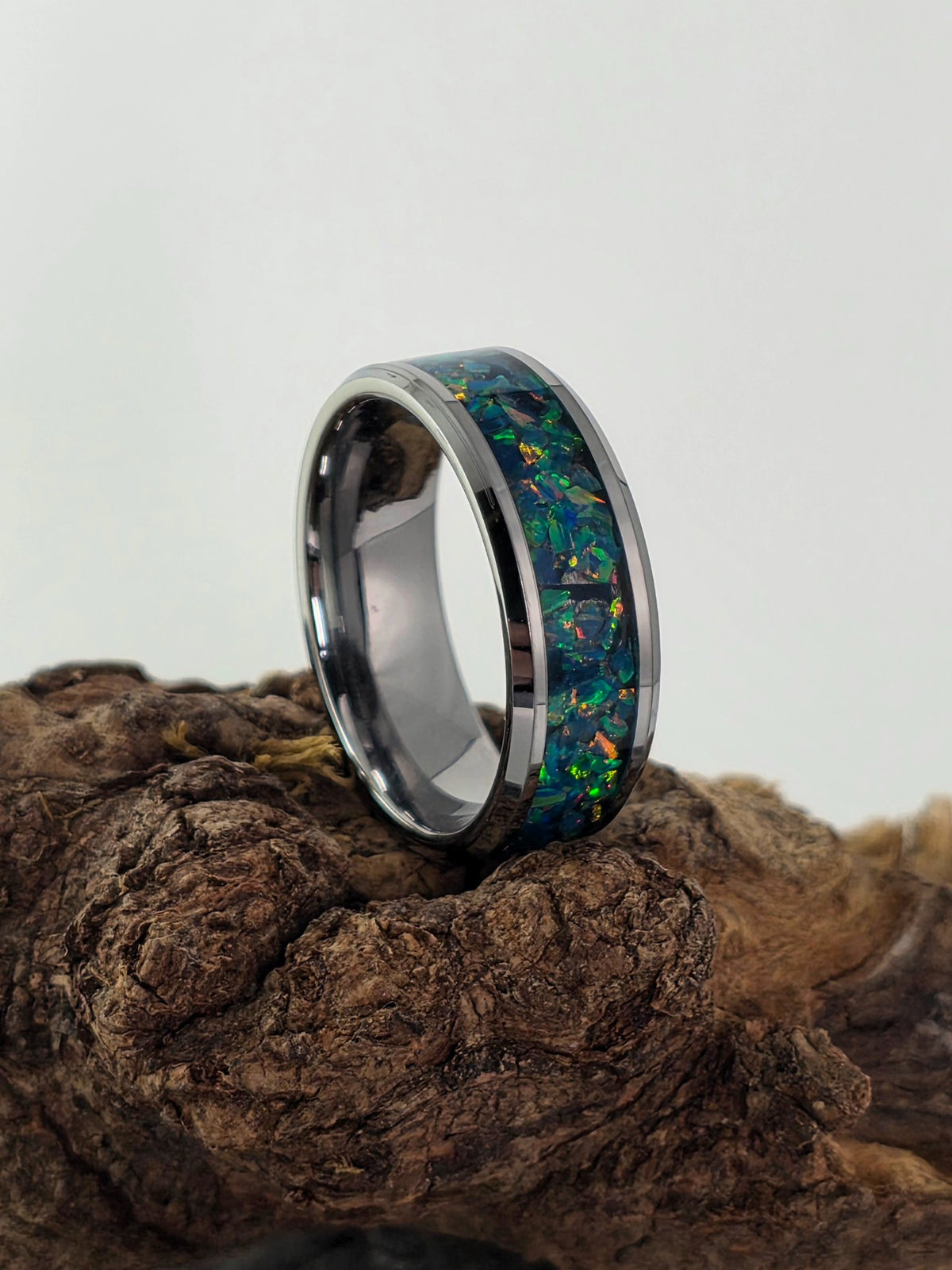 Cameron Senft Designs tungsten ring with a wide band of mosaic dragon's egg opal, size 11.5