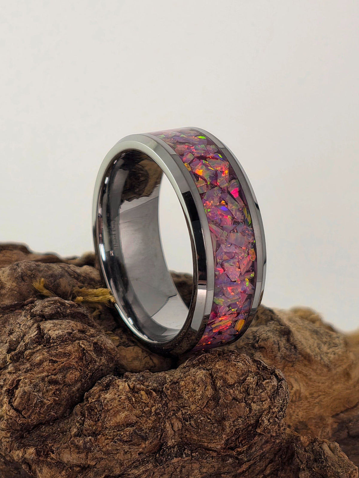 Size 9.5 tungsten band ring inlaid with mosaic aurora opal by Cameron Senft Designs