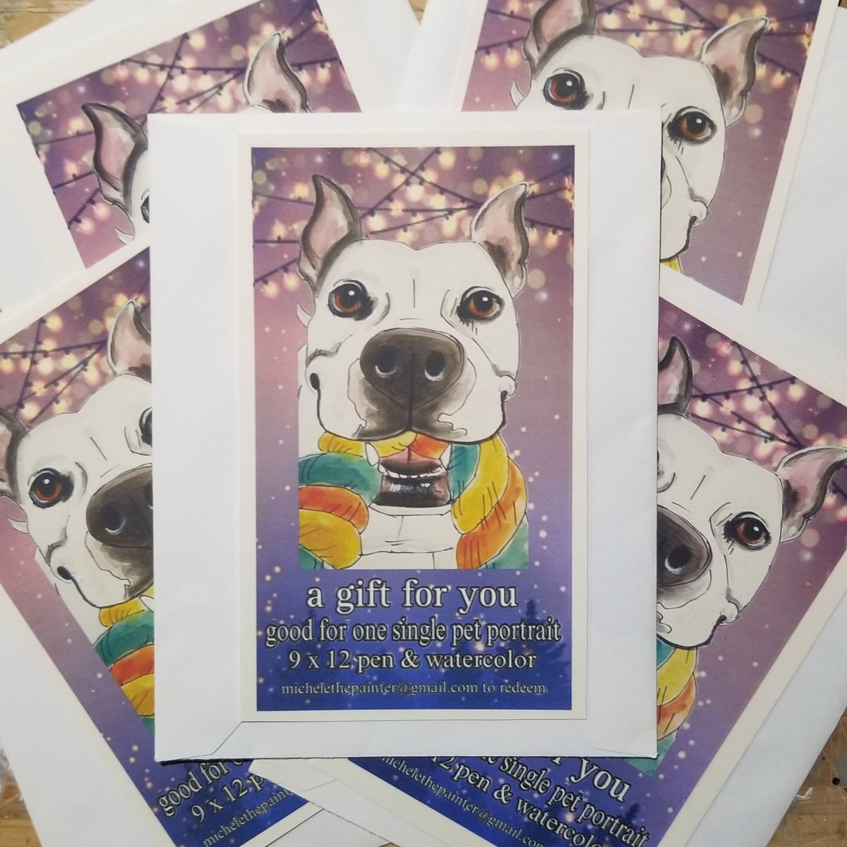 Gift certificate for a single pen and watercolor pet portrait by Michele The Painter