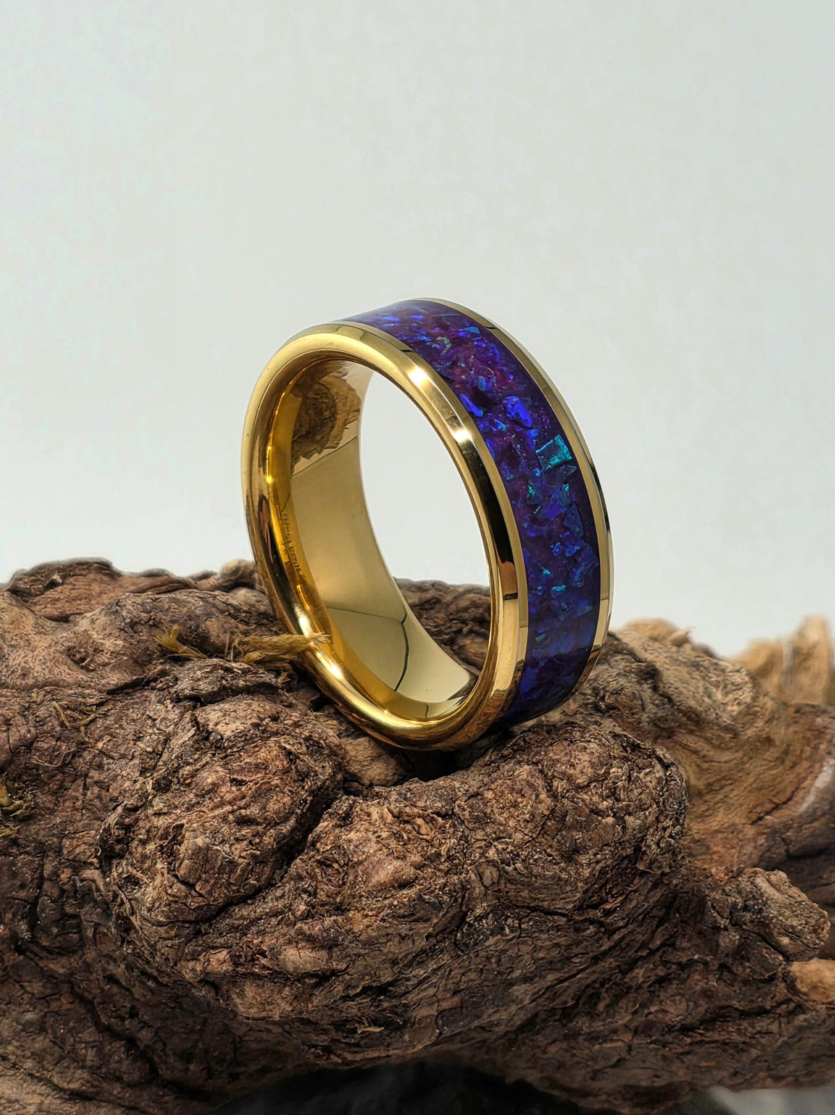 Gold-plated tungsten ring with mosaic lavender opal inlay by Cameron Senft Designs, size 9.5