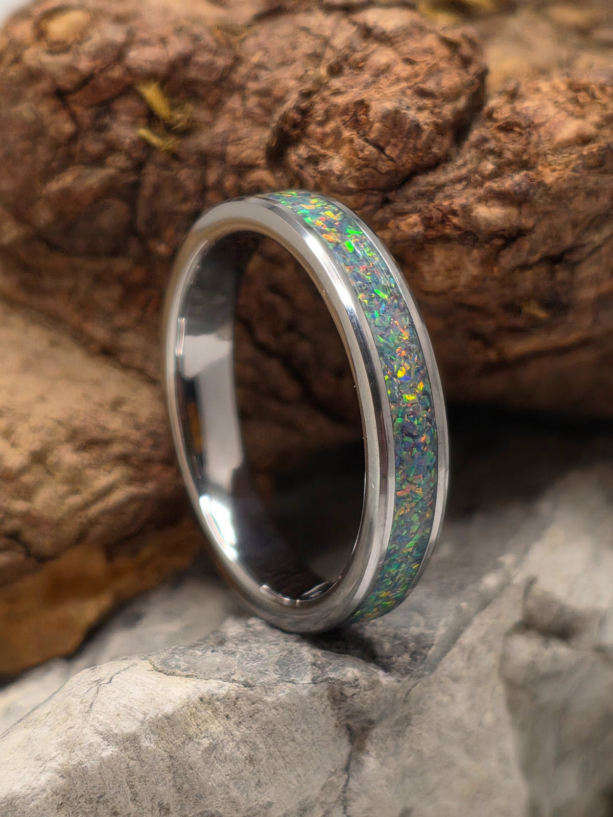 Cameron Senft Designs tungsten band inlaid with mosaic gray opal, size 9, 4mm wide