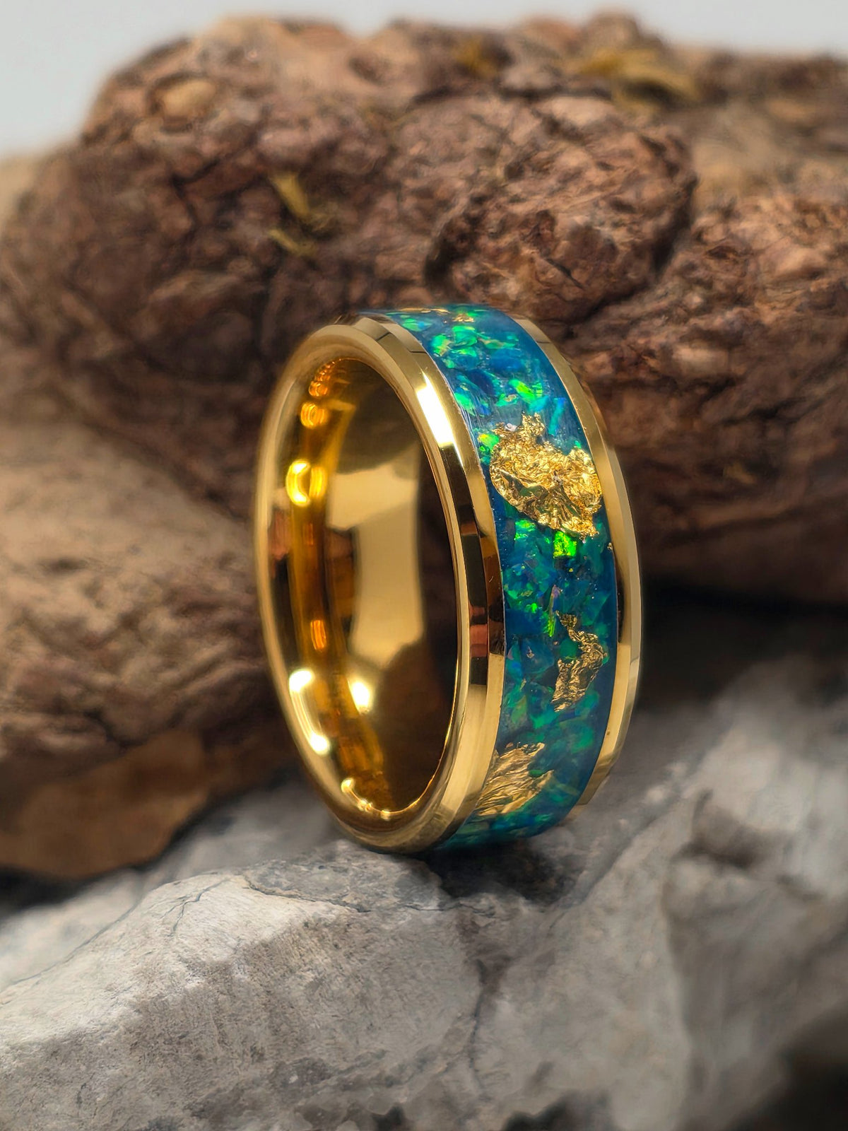Gold-plated tungsten band with 24kt gold leaf and mosaic dragon's egg opal inlay by Cameron Senft Designs, size 8.5