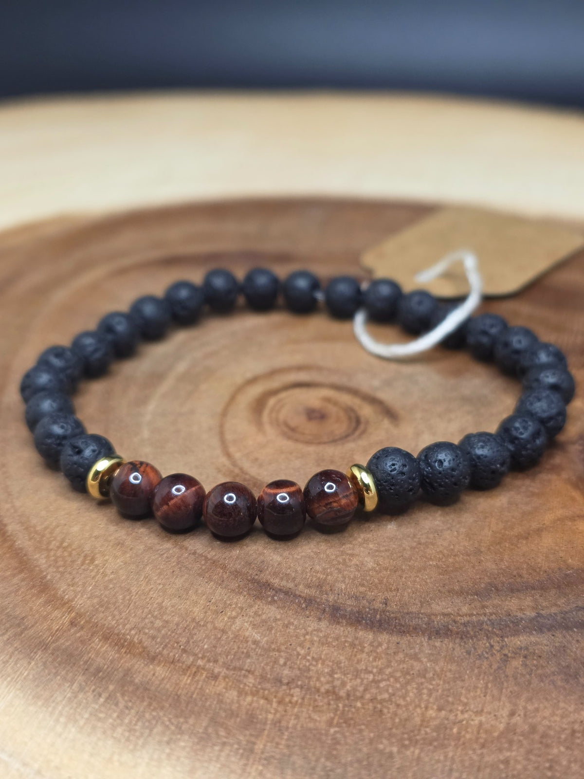 Lava rock and red tiger's eye stretch bracelet with gold-plated spacers by Cameron Senft Designs, medium