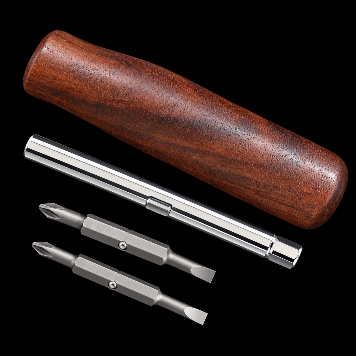 Second view of the walnut screwdriver showing its interchangeable phillips and flathead bits