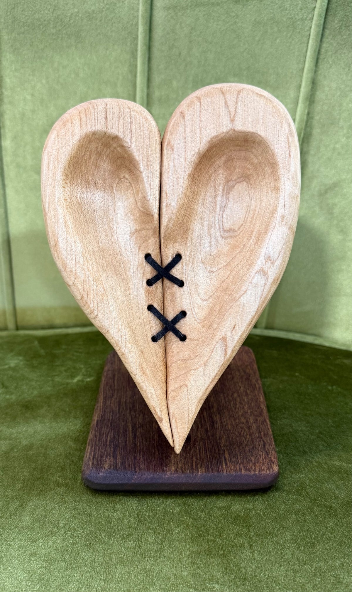 Carved maple heart on a mahogany stand, 7 inches tall, hand crafted by Tina of Sawdust Heaven