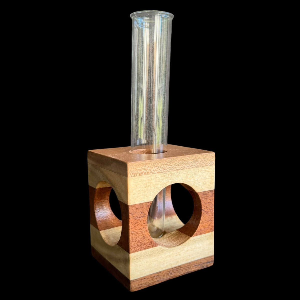 Five-layer hardwood propagation vase in cherry, oak, mahogany and walnut with a glass tube by Sawdust Heaven