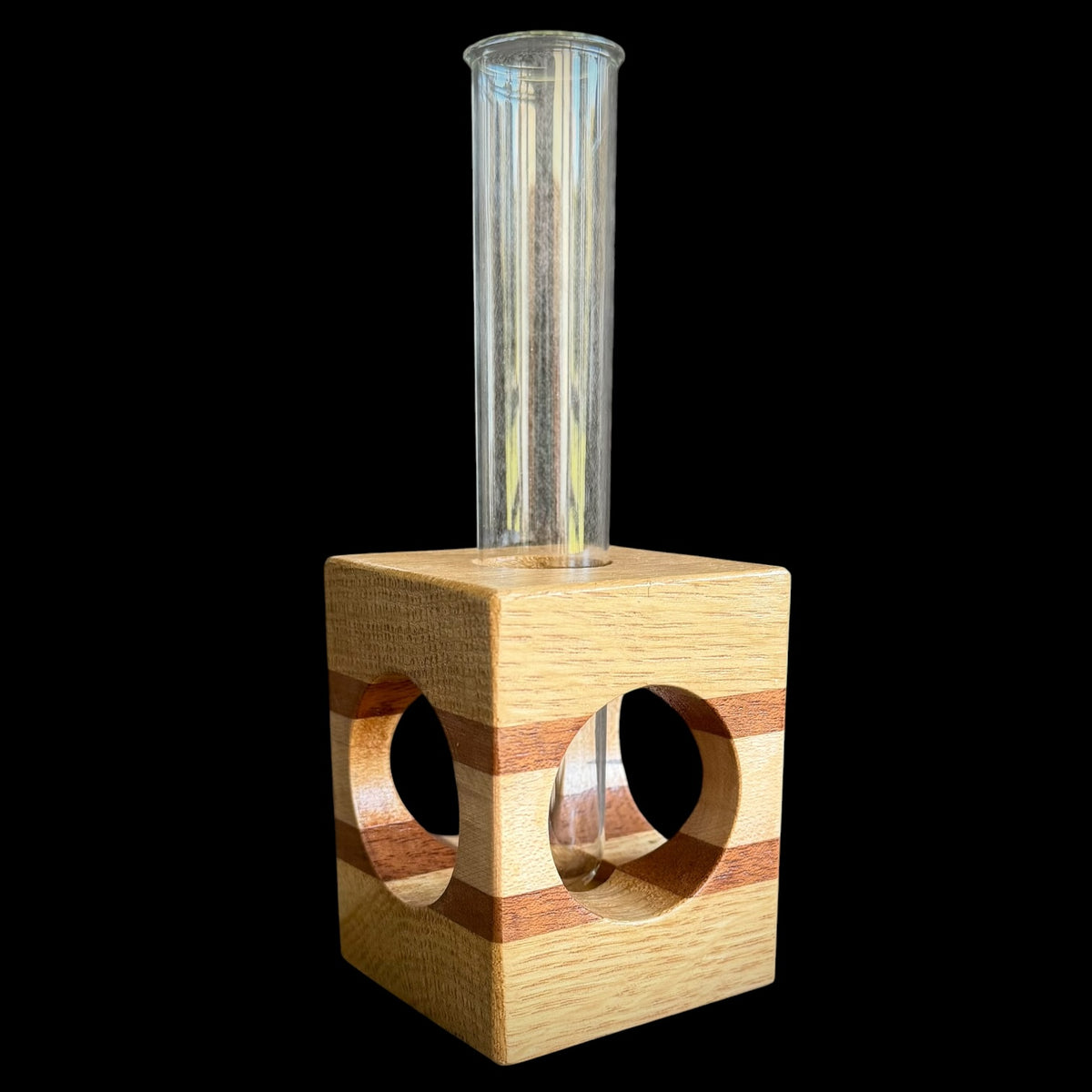 Small oak and mahogany propagation vase with an open design and removable glass tube by Sawdust Heaven