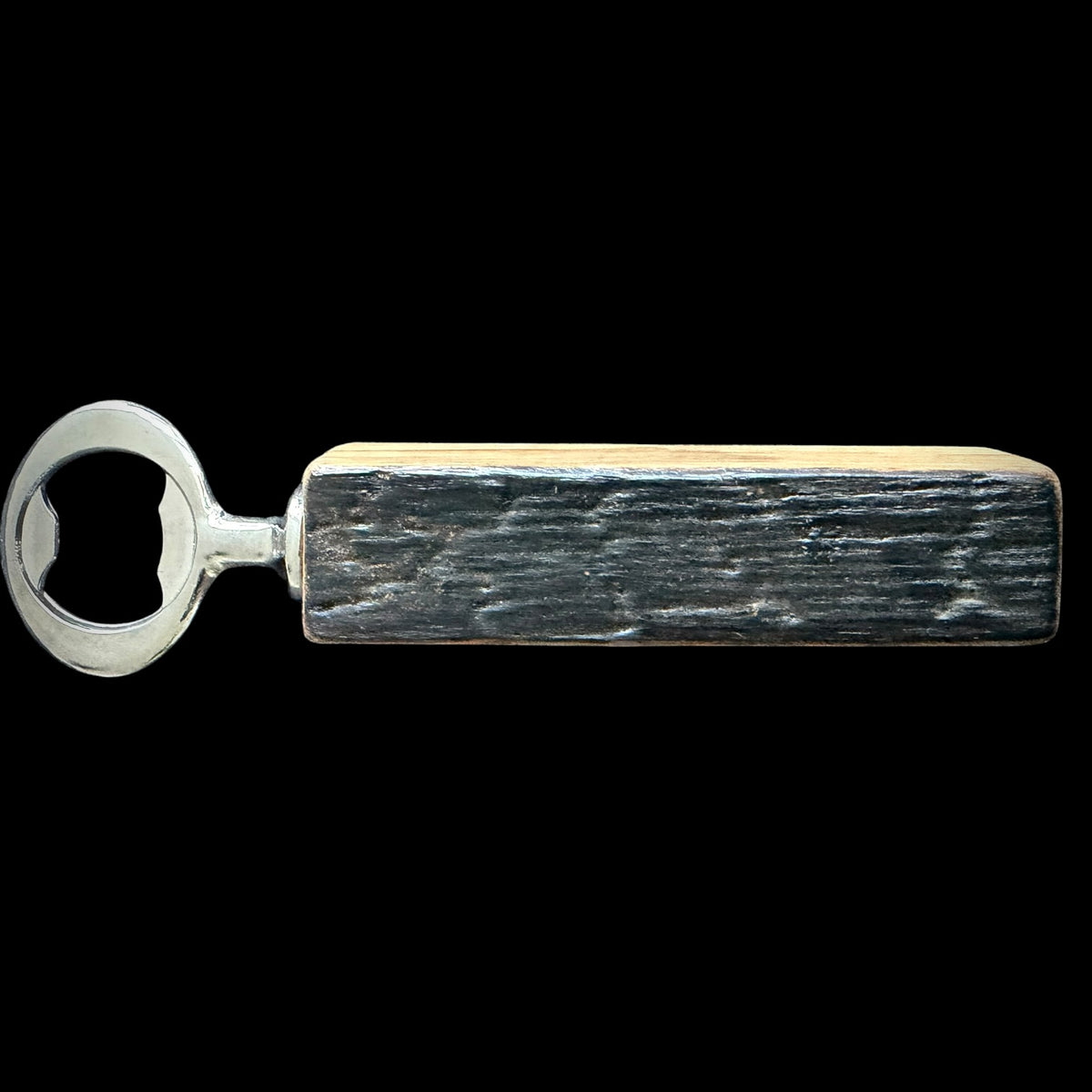 Fourth view of the reclaimed whiskey stave bottle opener by Sawdust Heaven