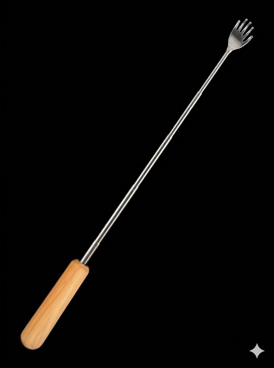 Fourth view of the pine backscratcher shown extended to full reach