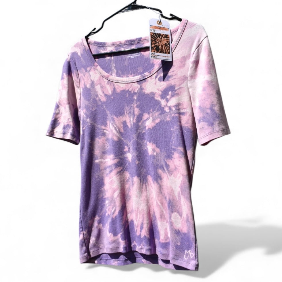 Small women's cut t-shirt with a hand bleach-dyed pattern by Relax And Dream