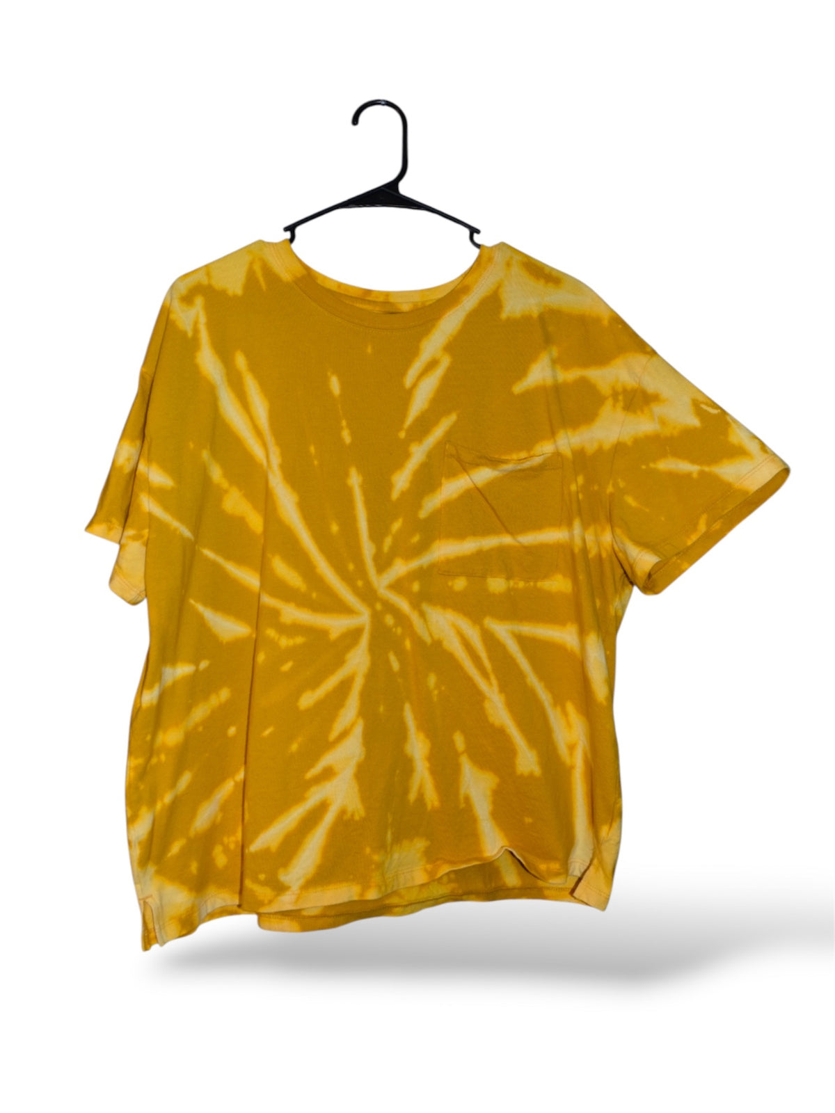 XL women's cut t-shirt in a hand bleach-dyed pattern, upcycled by Relax And Dream