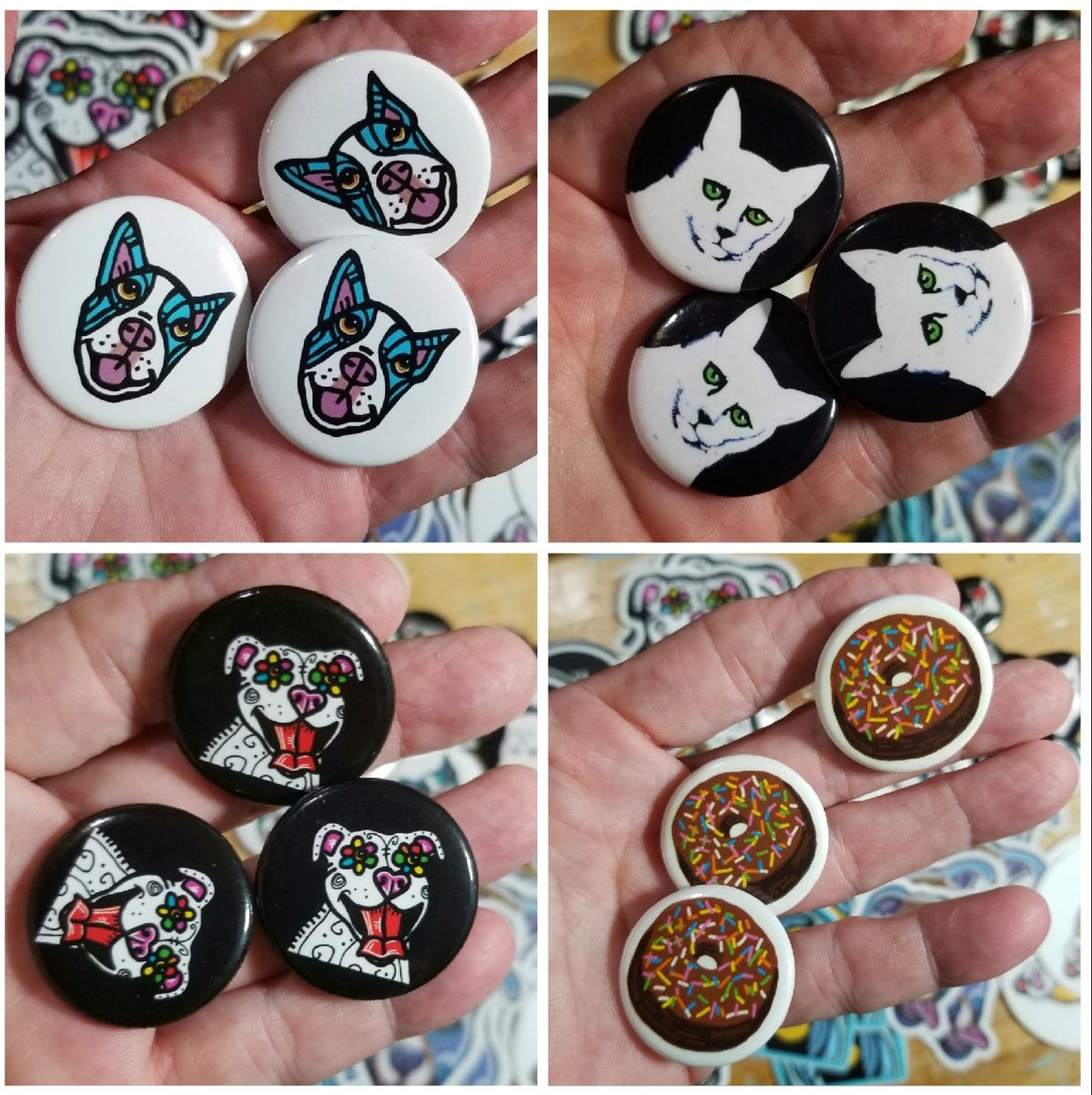 Assorted button pins made from original paintings by Michele The Painter, colors and styles vary