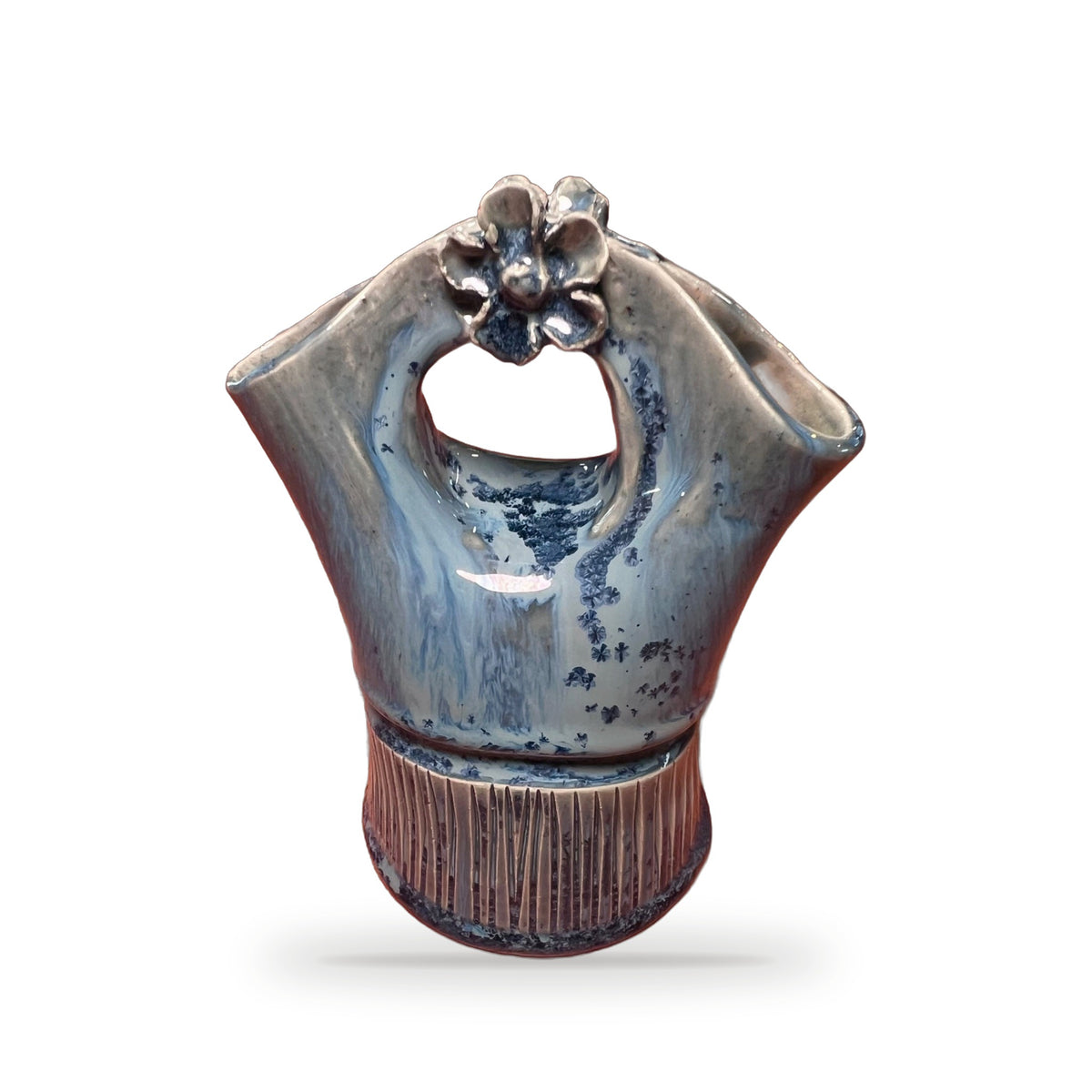 Traditional wedding vase angled view showing twin spouts and carved base