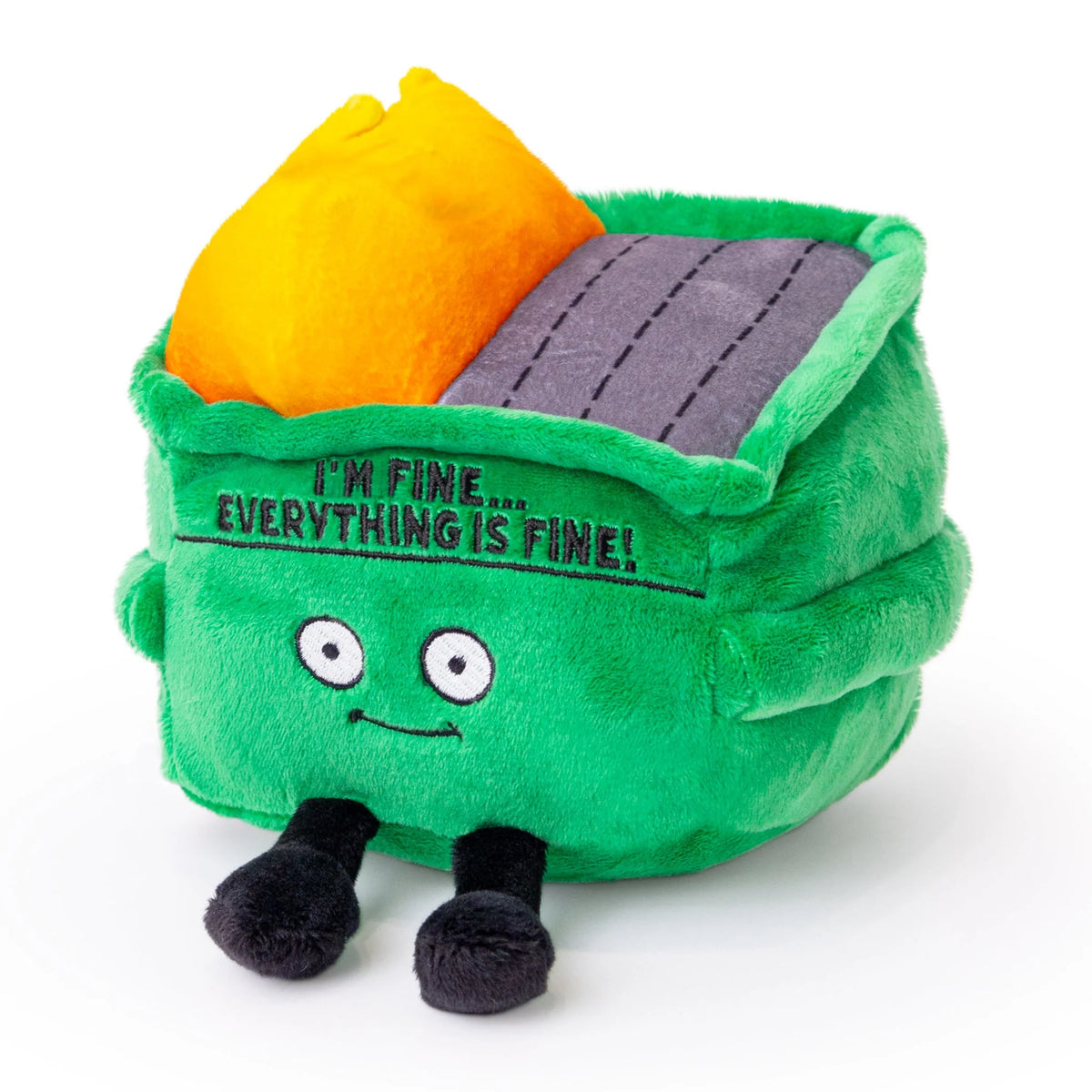 Green dumpster fire plush with flames and embroidered text I'm Fine Everything Is Fine