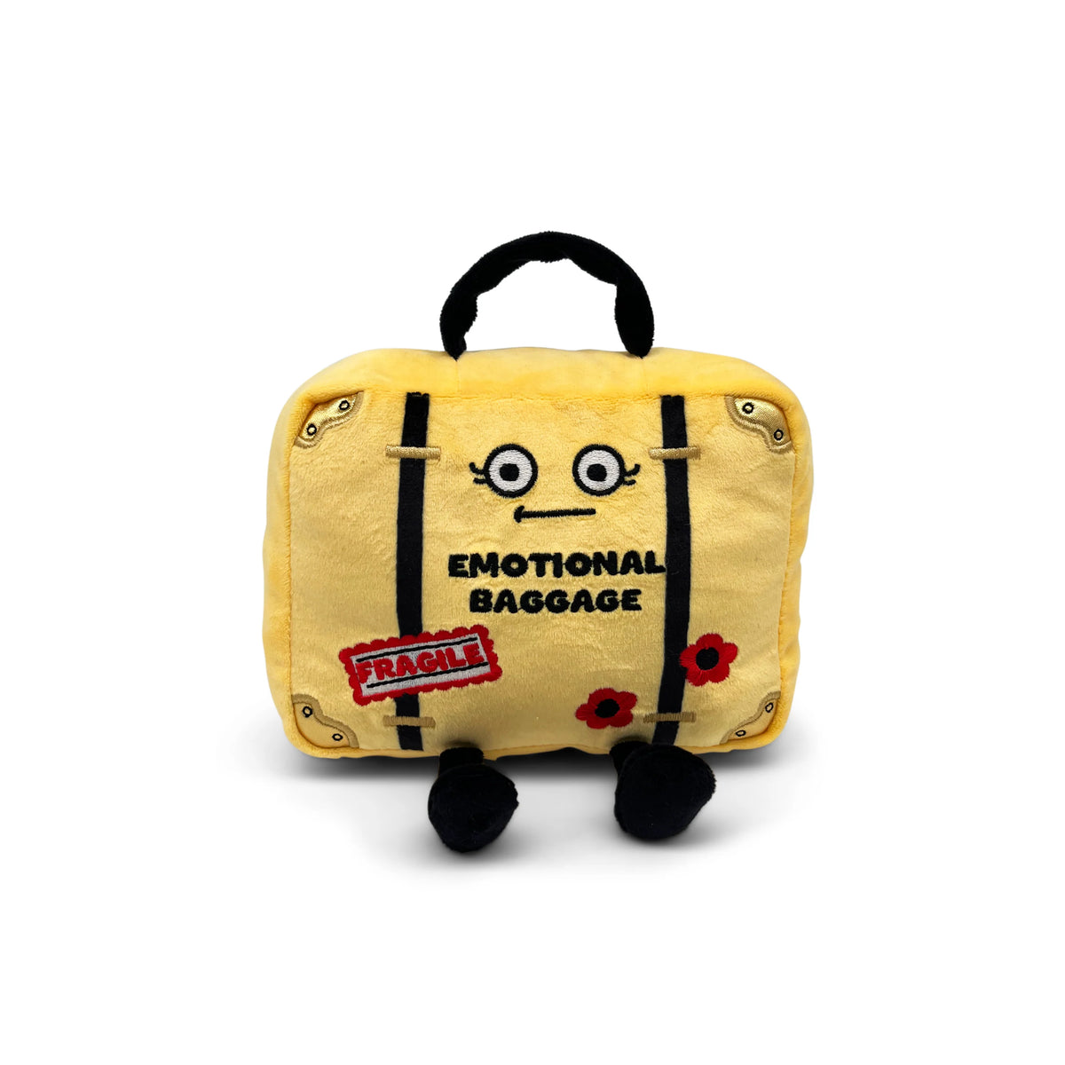 Yellow suitcase plush with fragile sticker and embroidered text Emotional Baggage