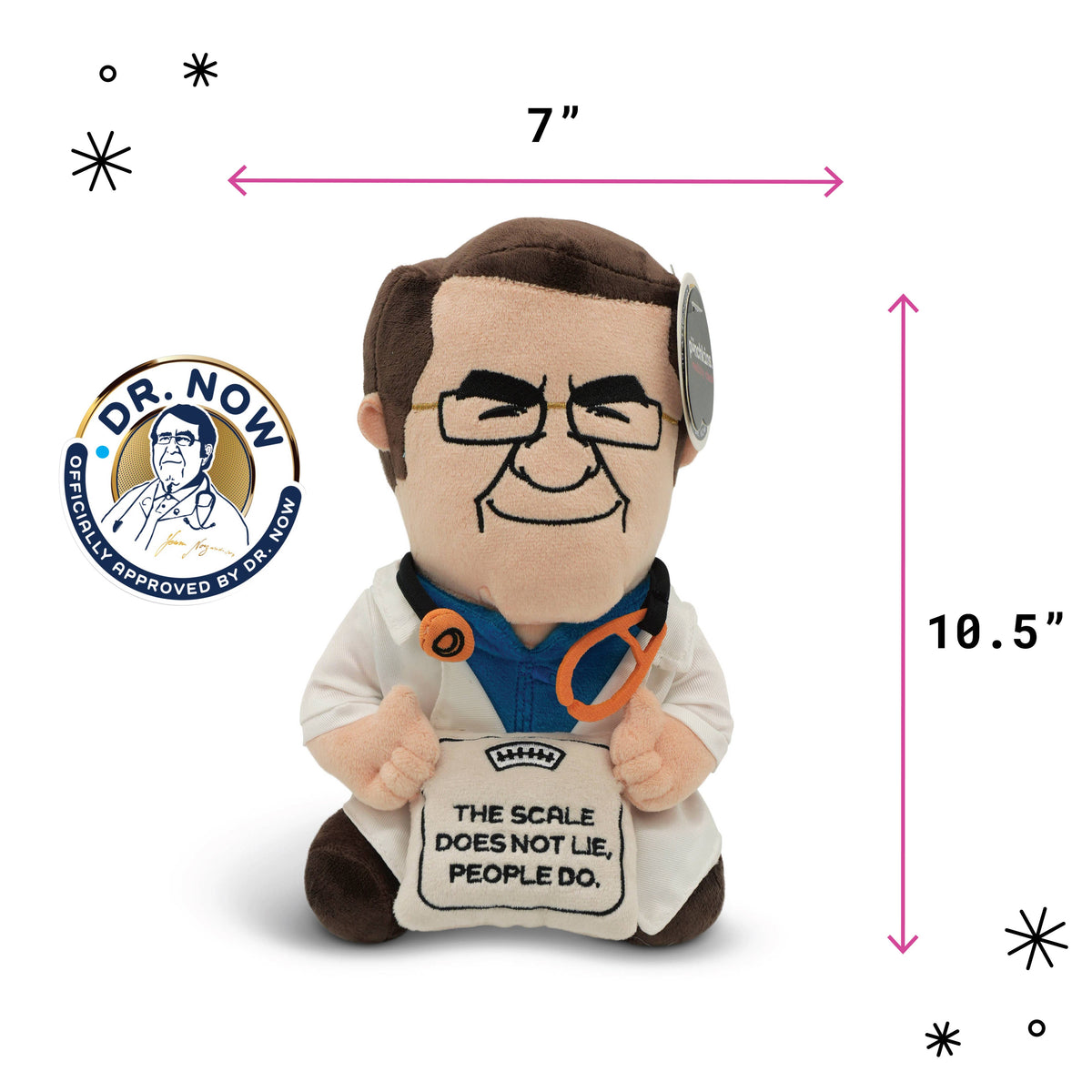 Officially licensed Dr. Now plush in white coat holding a scale that says The Scale Does Not Lie People Do by Punchkins, view 7