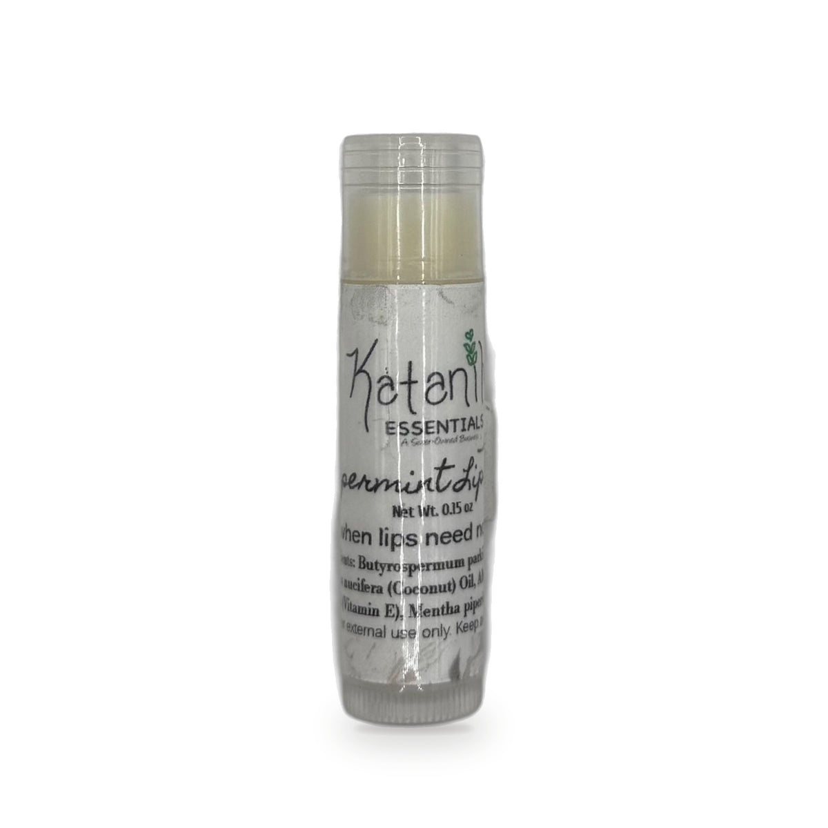 Peppermint Lip Balm tube, ingredients side by Katanily Essentials