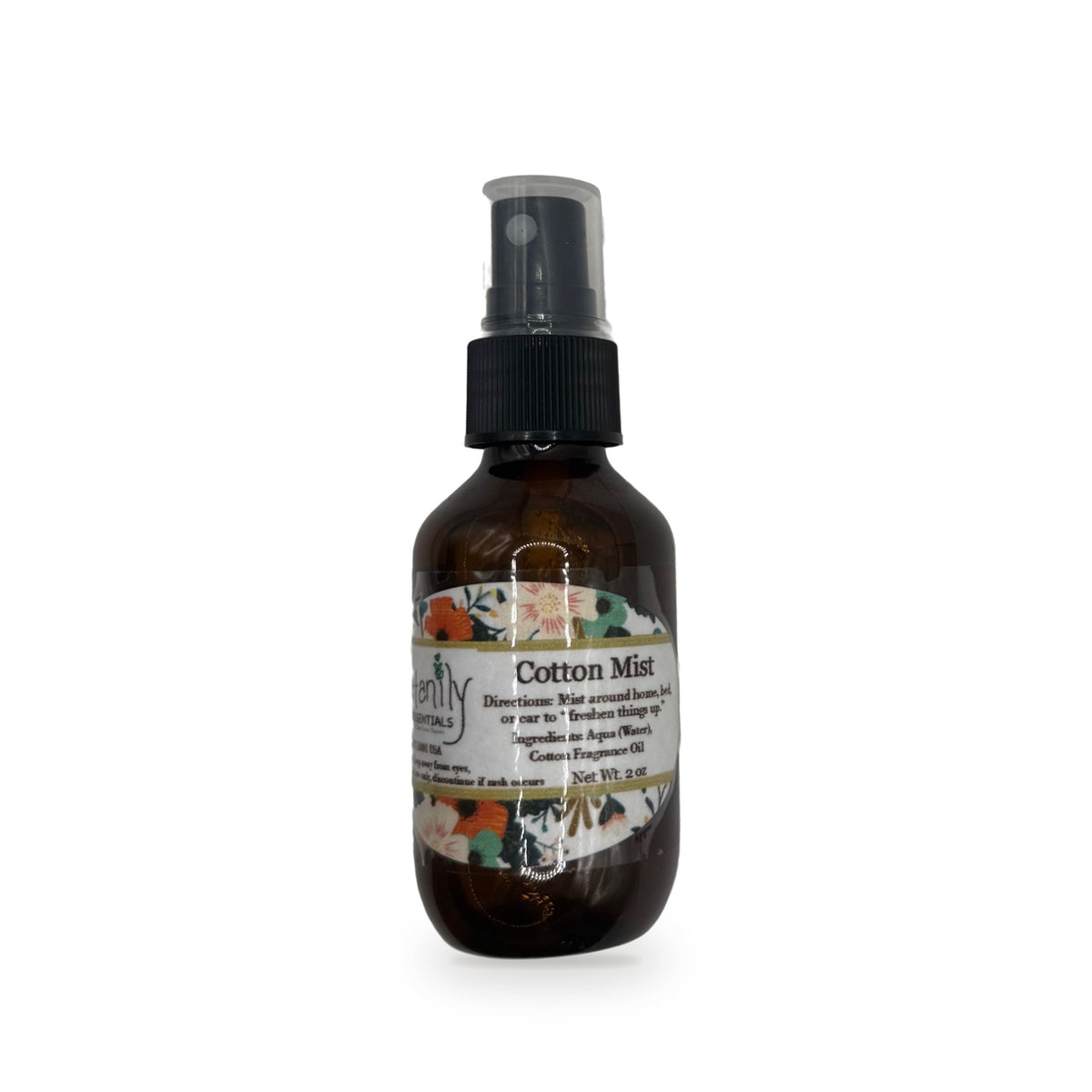 Cotton Mist 2 oz amber glass spray bottle with floral label by Katanily Essentials