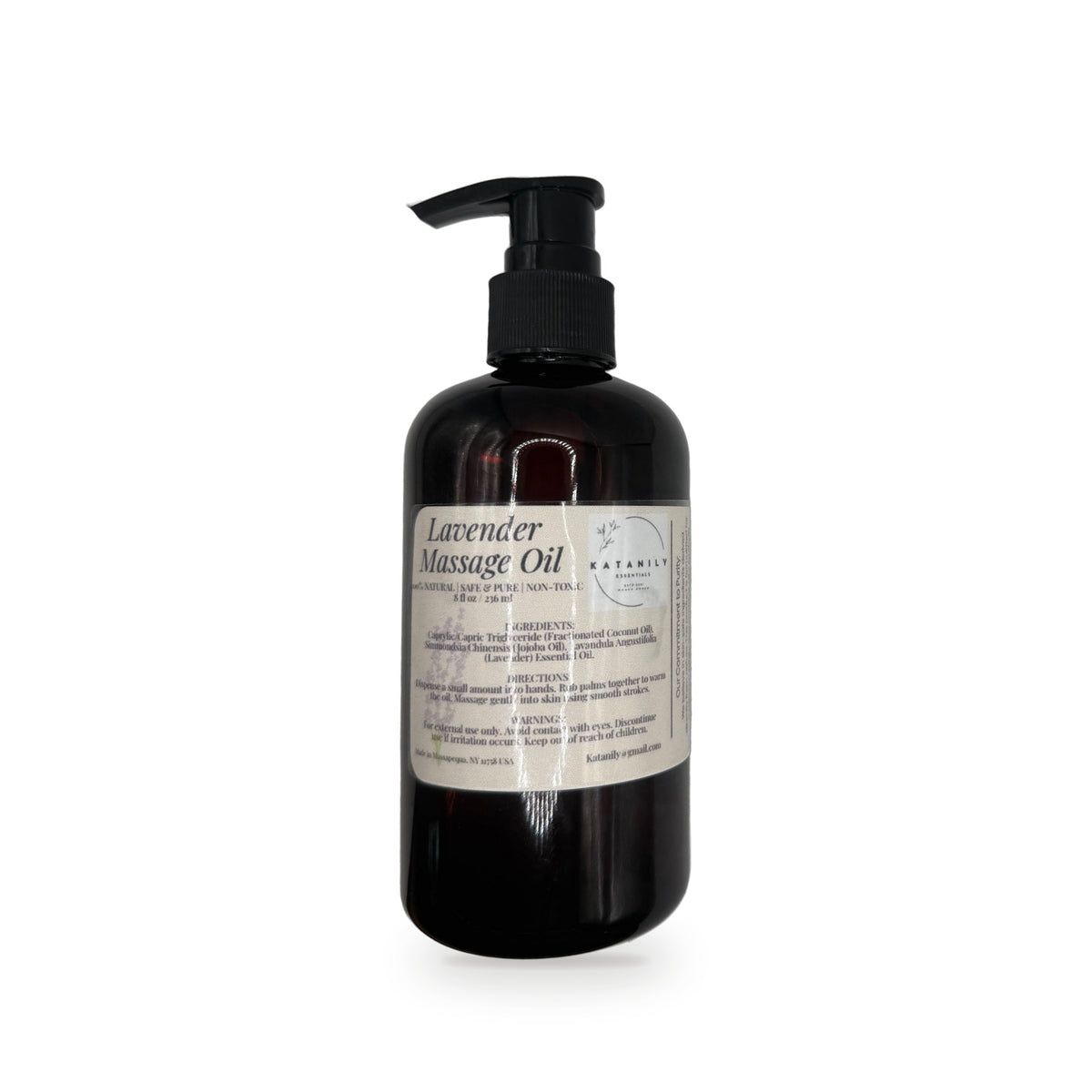 Lavender Massage Oil in amber pump bottle by Katanily Essentials