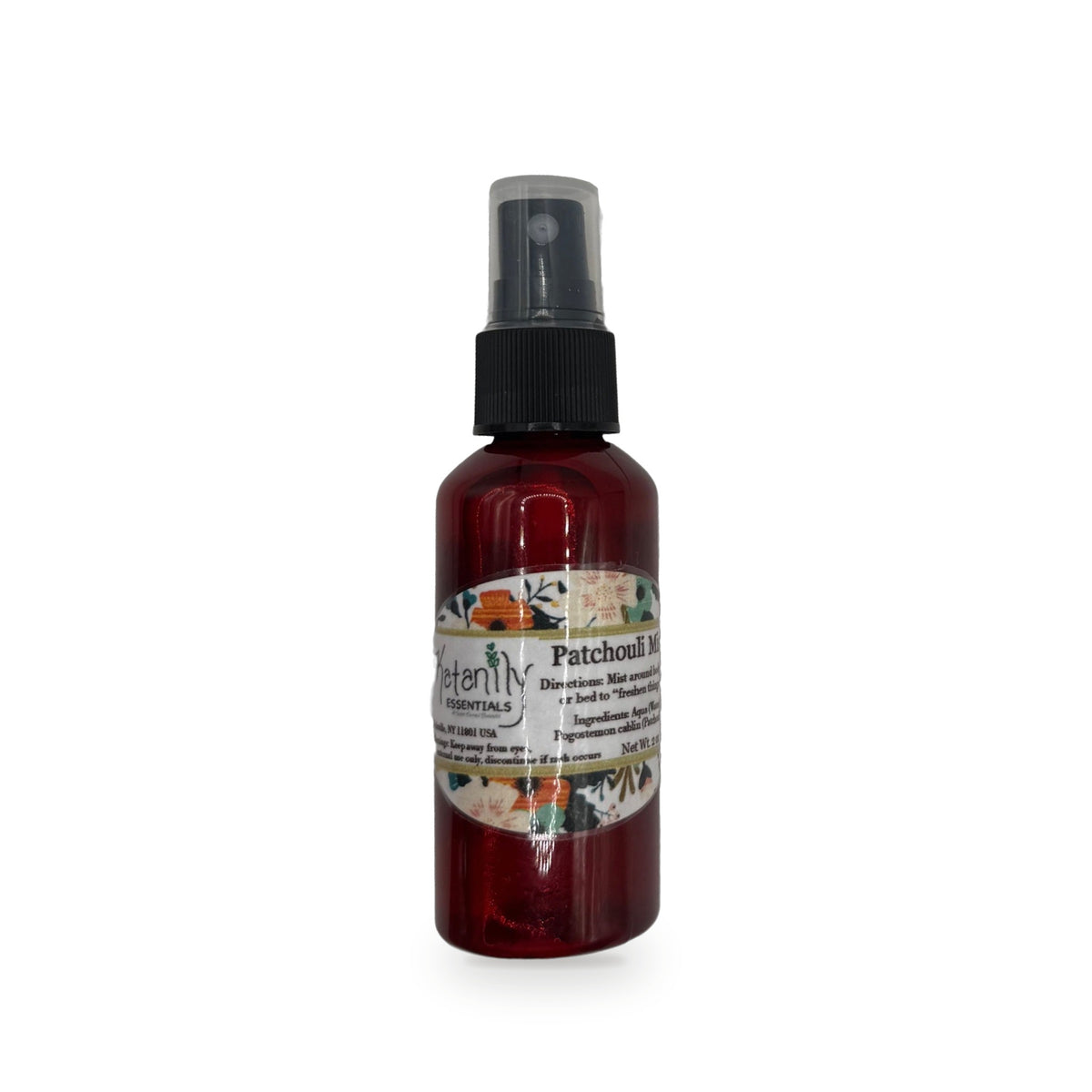 Patchouli Mist 2 oz red glass spray bottle with floral label by Katanily Essentials