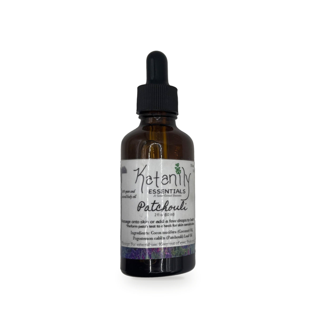 Patchouli Body Oil 2 oz amber glass dropper bottle by Katanily Essentials