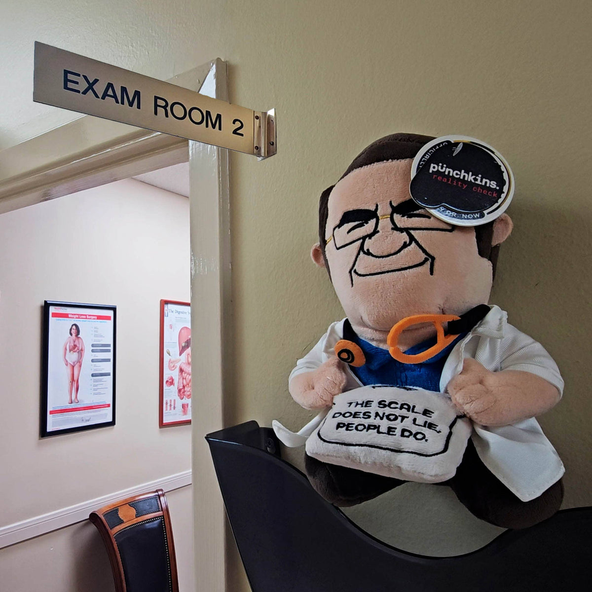 Officially licensed Dr. Now plush in white coat holding a scale that says The Scale Does Not Lie People Do by Punchkins, view 5