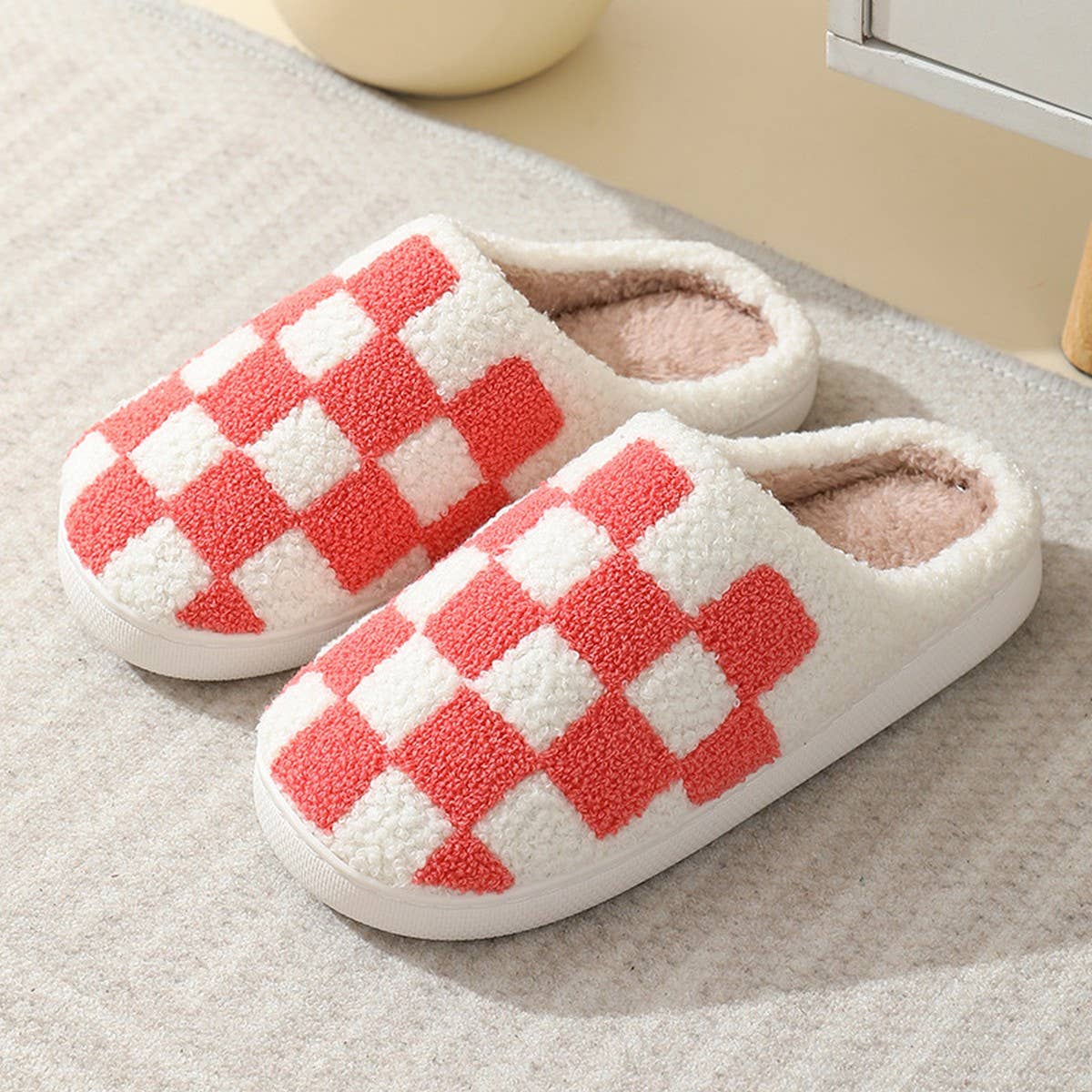 SIMPLE CHECKERED WARM COTTON SLIPPERS_CWSHS0250: Black / (8) 1
