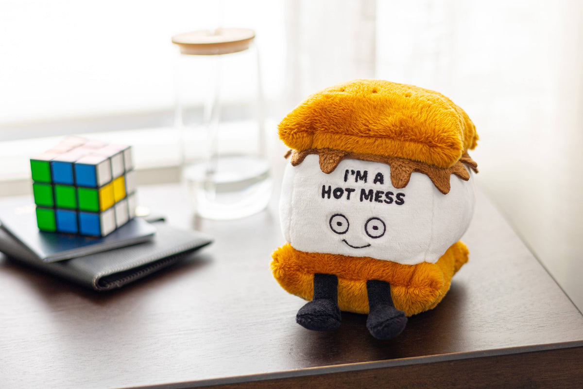 S'more plush with graham crackers and marshmallow and embroidered text I'm A Hot Mess by Punchkins, view 2