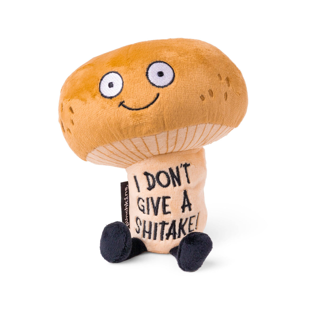 Brown mushroom plush with embroidered text I Don't Give A Shitake by Punchkins
