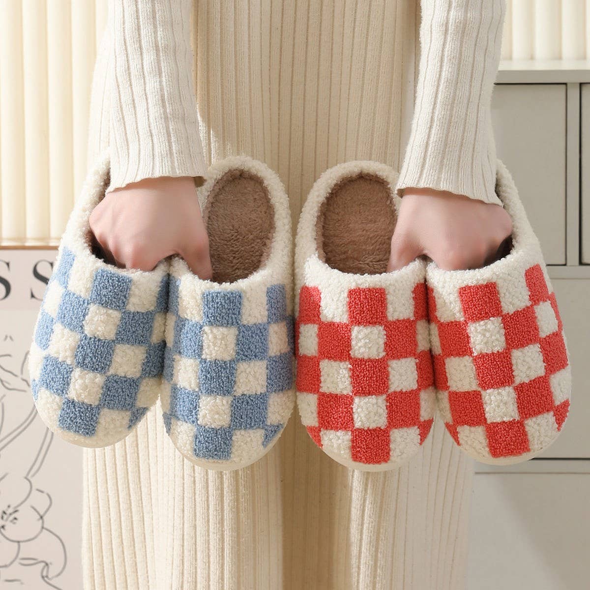 SIMPLE CHECKERED WARM COTTON SLIPPERS_CWSHS0250: Black / (8) 1