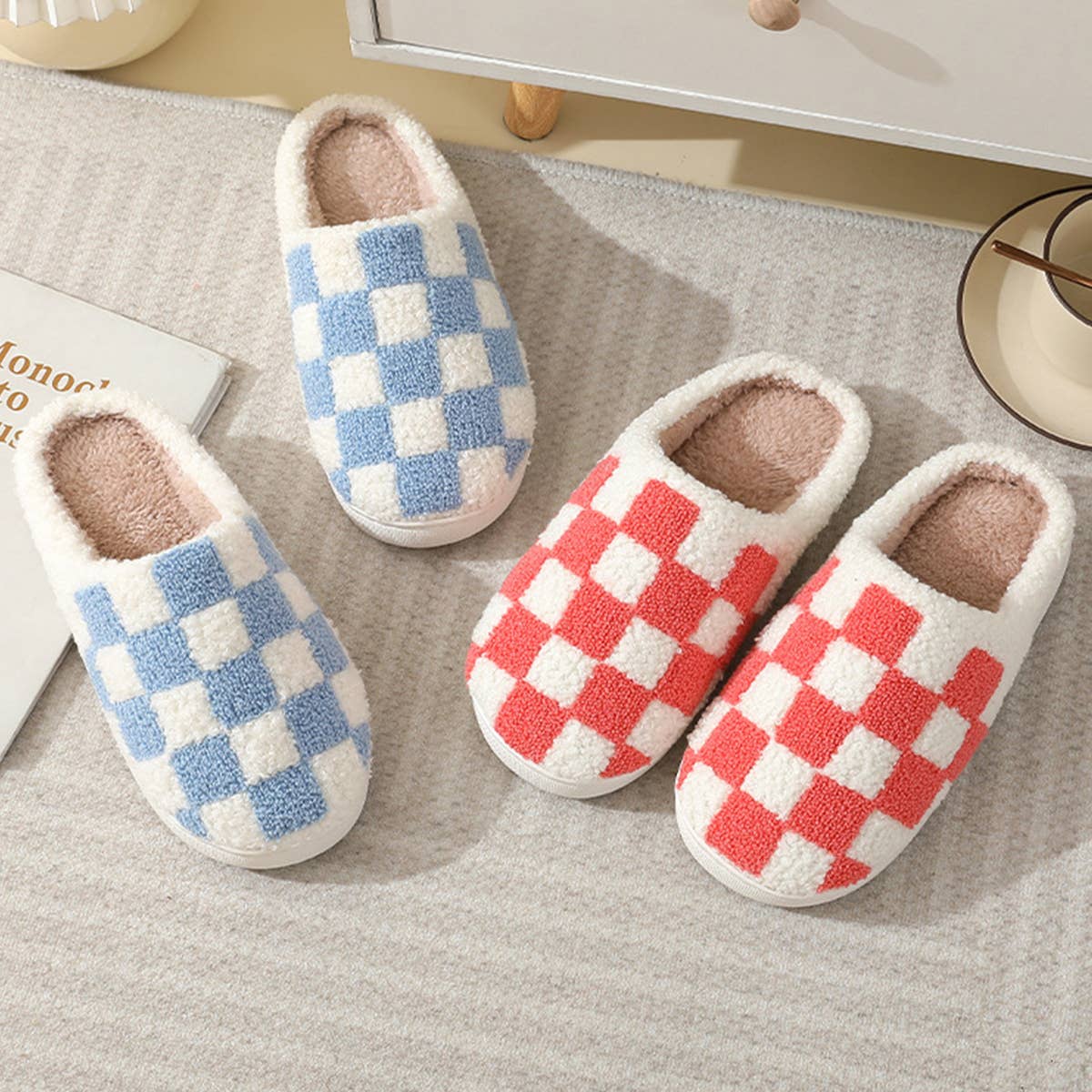SIMPLE CHECKERED WARM COTTON SLIPPERS_CWSHS0250: Black / (8) 1