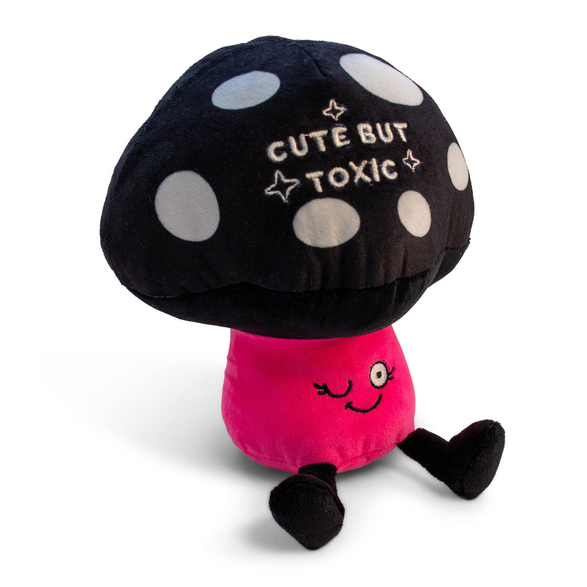 Black spotted mushroom plush with pink body and embroidered text Cute But Toxic by Punchkins