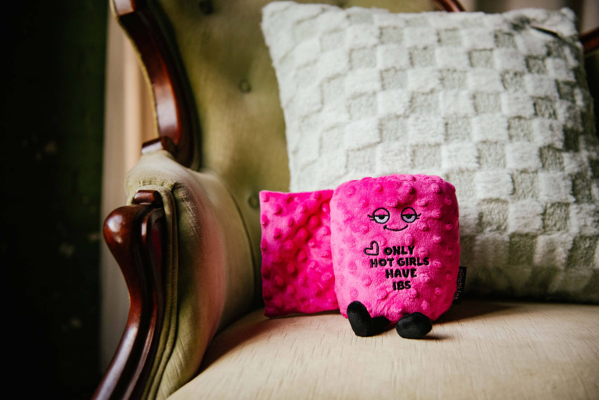 Hot pink toilet paper roll plush with embroidered text Only Hot Girls Have IBS by Punchkins, view 2