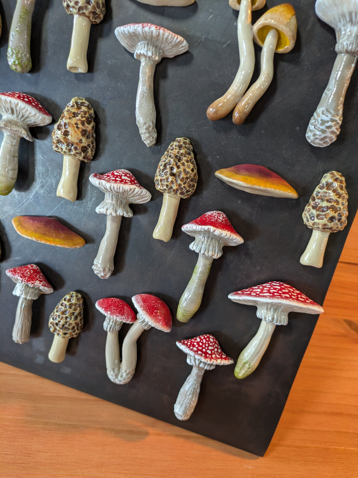 Further view of the hand-painted mushroom magnets, with styles and colors varying