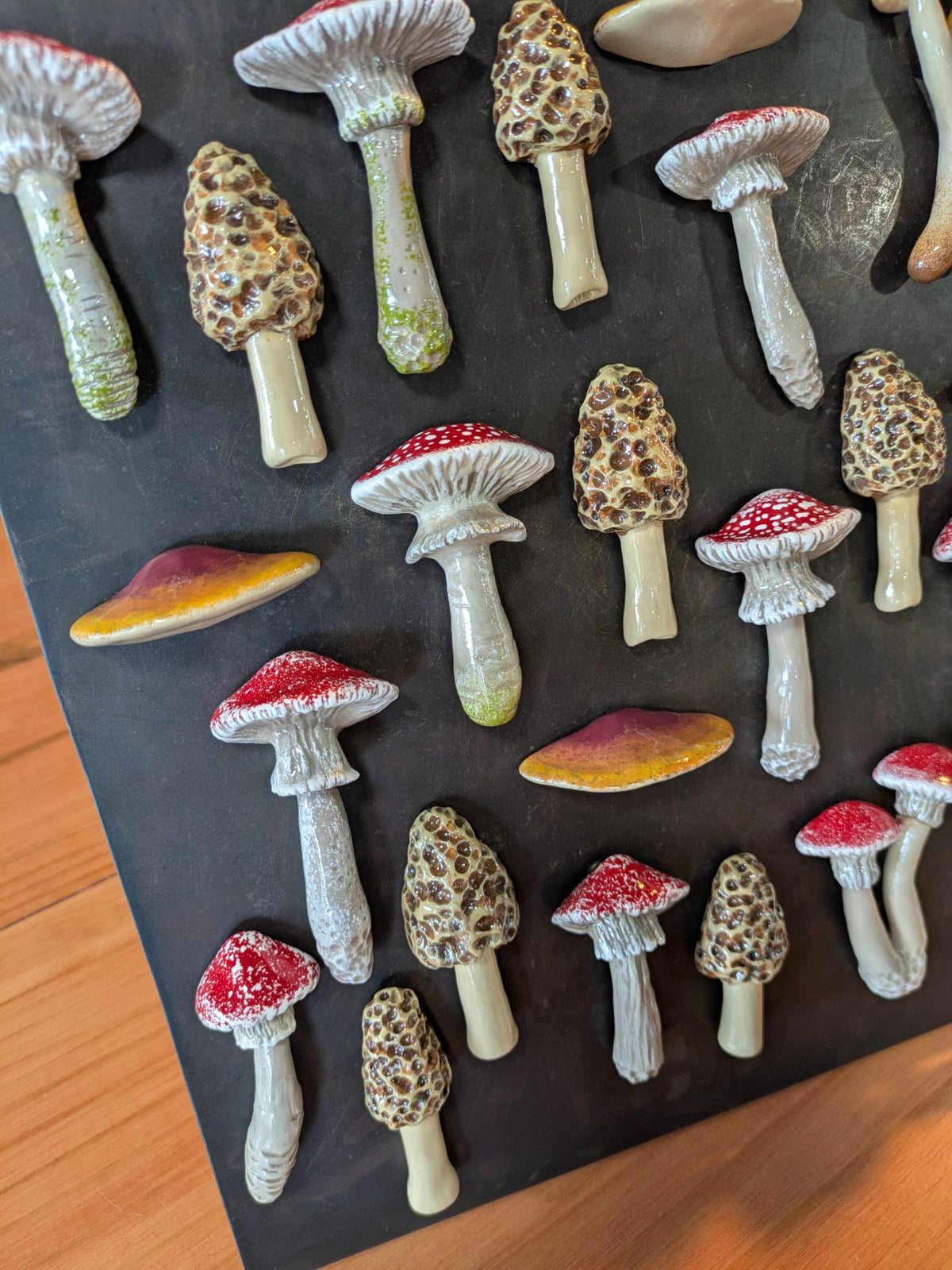 Another view of the handmade polymer clay mushroom magnets from Jaimee Crash Art