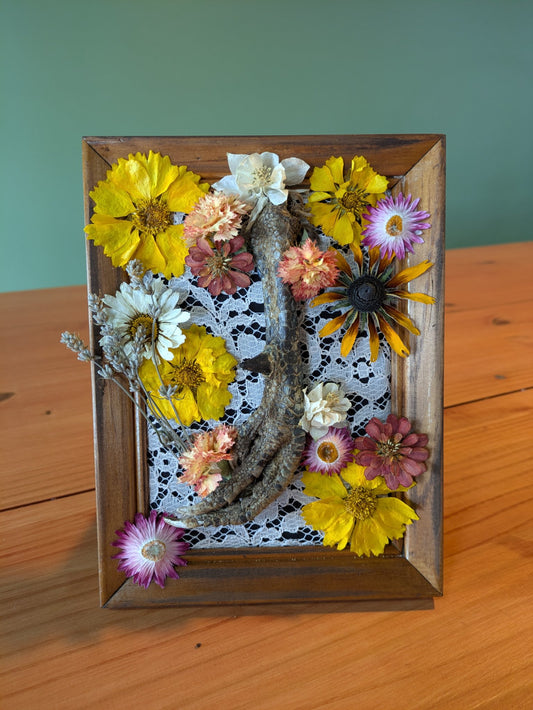 Eight by 6.5 inch wooden frame displaying a rooster foot with dried garden flowers by Jaimee Crash Art