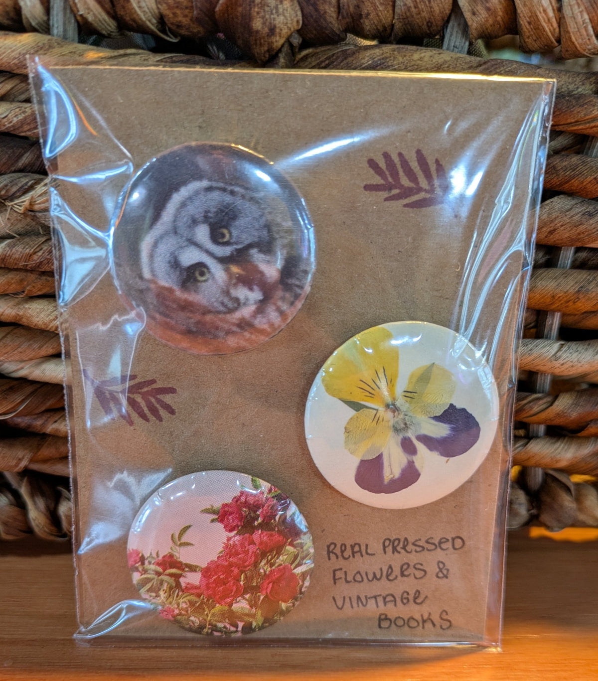 Another pressed flower and vintage book pin set from Jaimee Crash Art, each set one of a kind