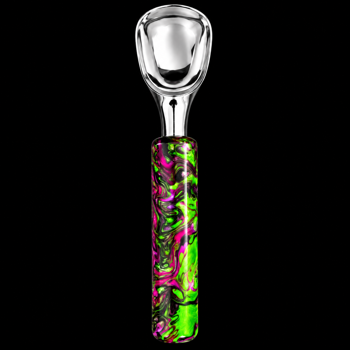 Second view of the Witches Brew large ice cream scoop showing its hypnotic color swirl