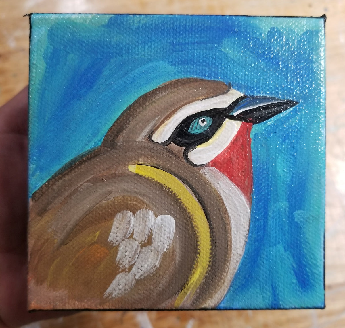 Original four inch square painting of a ruby throated brown bird by Michele The Painter