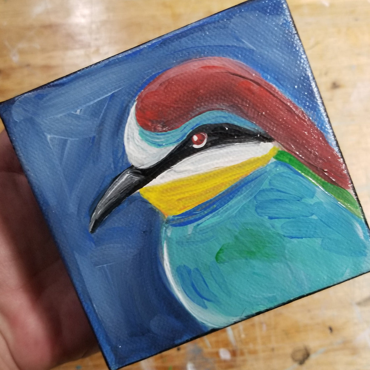 Second view of the red headed blue bird little painting by Michele The Painter