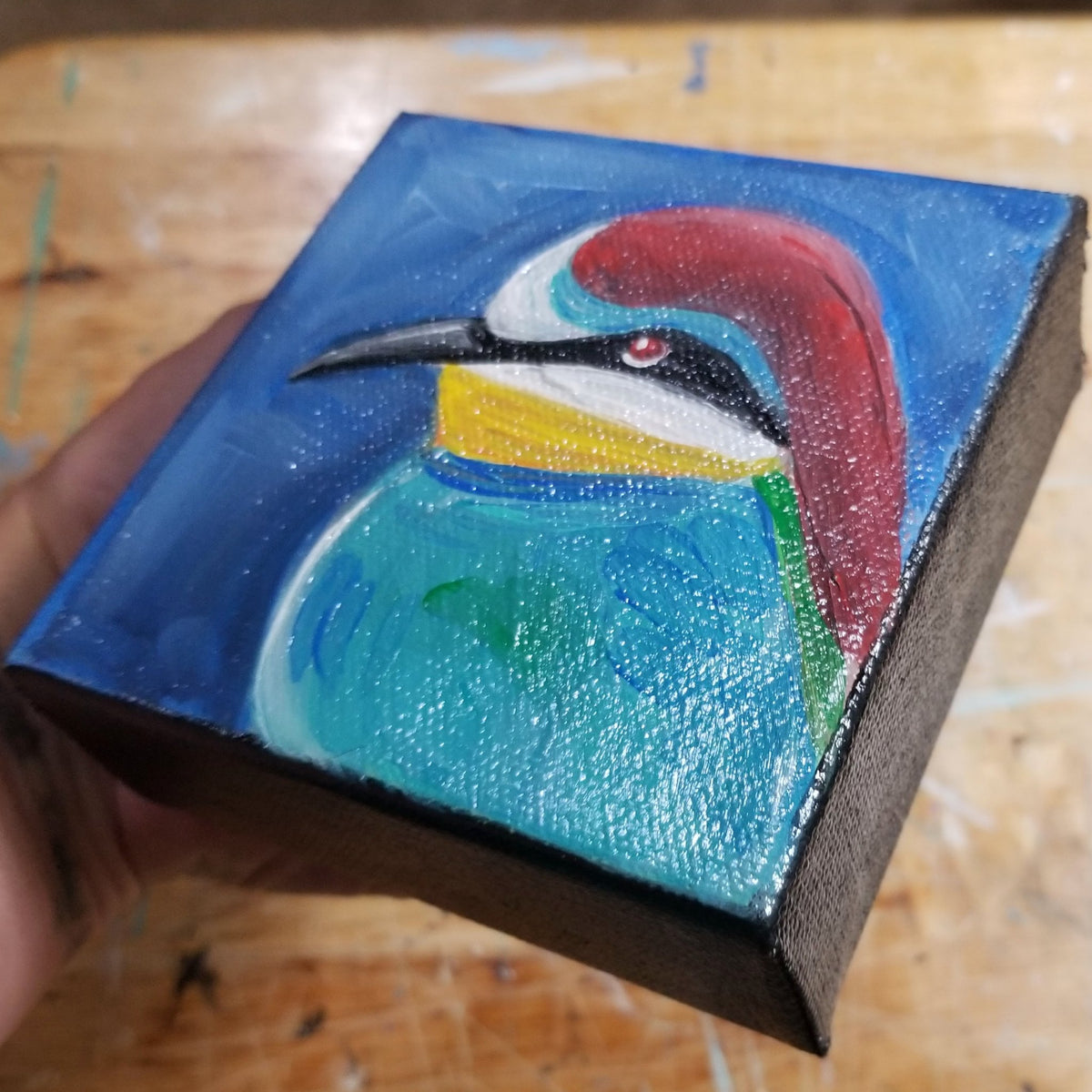 Fourth view of the red headed blue bird little painting from Michele The Painter