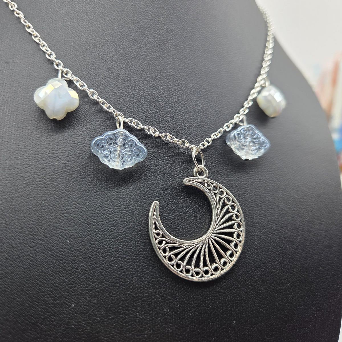 Delicate moon and clouds necklace handmade in Pennsylvania by The Velvet Viper