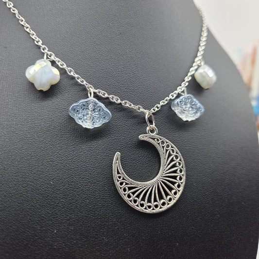 Delicate moon and clouds necklace handmade in Pennsylvania by The Velvet Viper