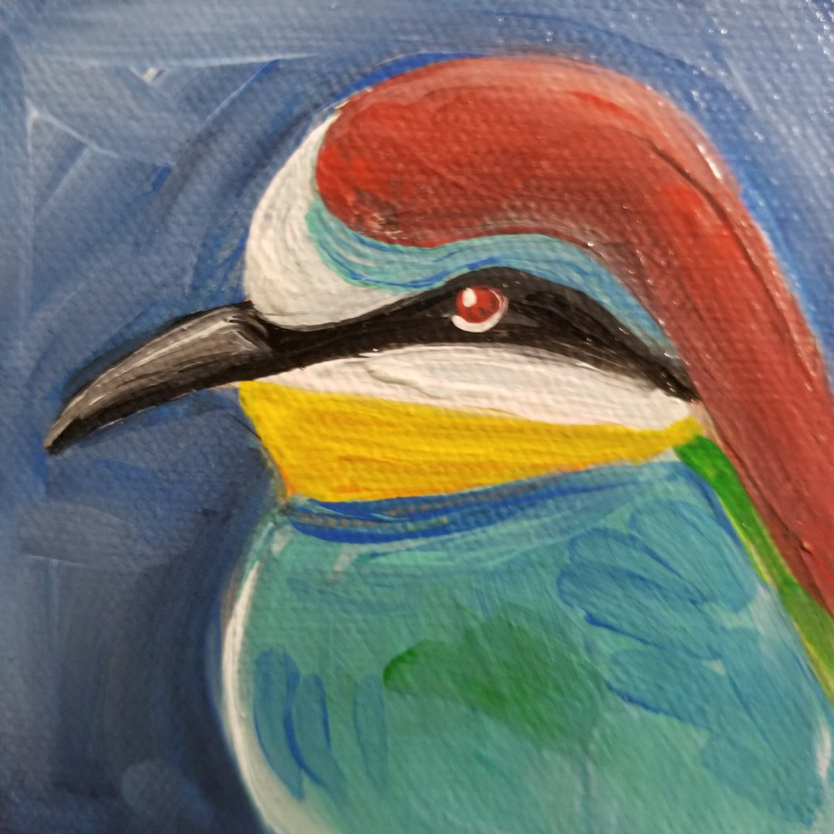 Final view of the red headed blue bird original painting by Michele The Painter