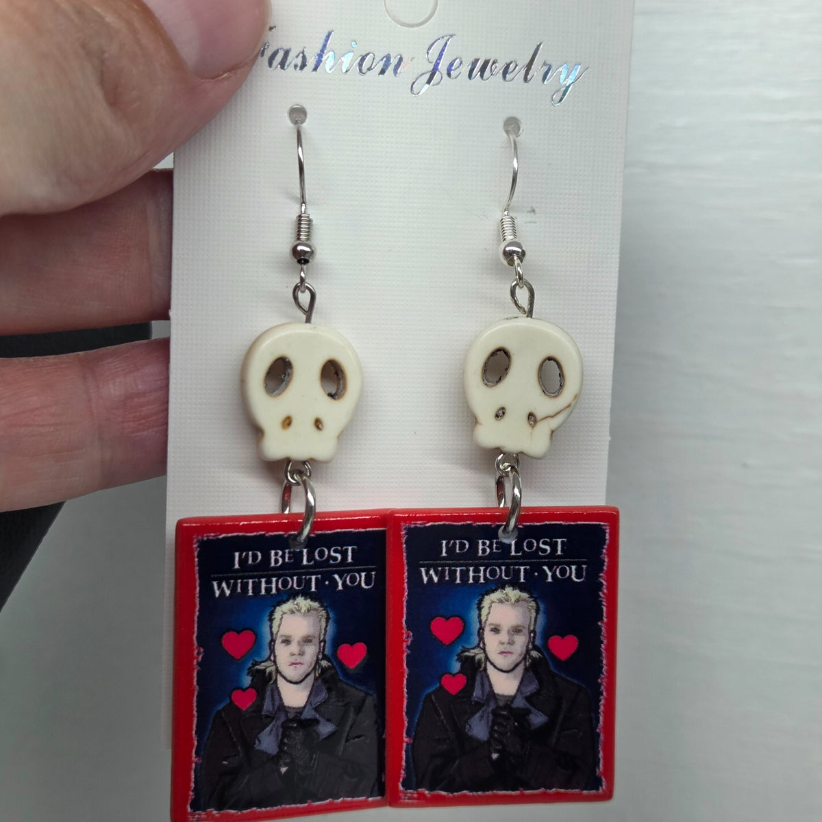 Lost Boys earrings measuring three inches from the hook, a nod to the 80s film, by The Velvet Viper